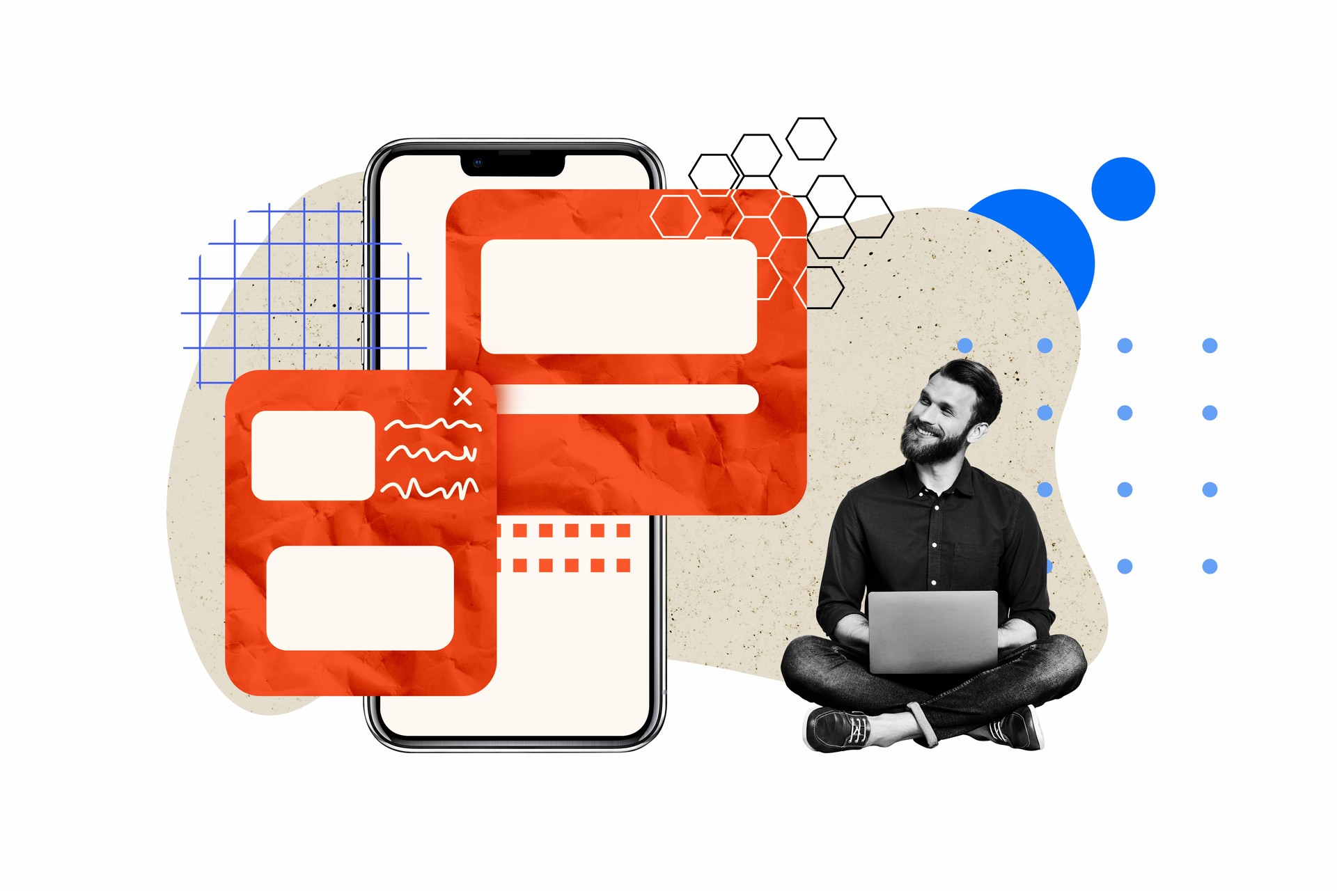 Exclusive art banner collage of happy businessman hold laptop look webpage icon multitask freelance sms technology progress