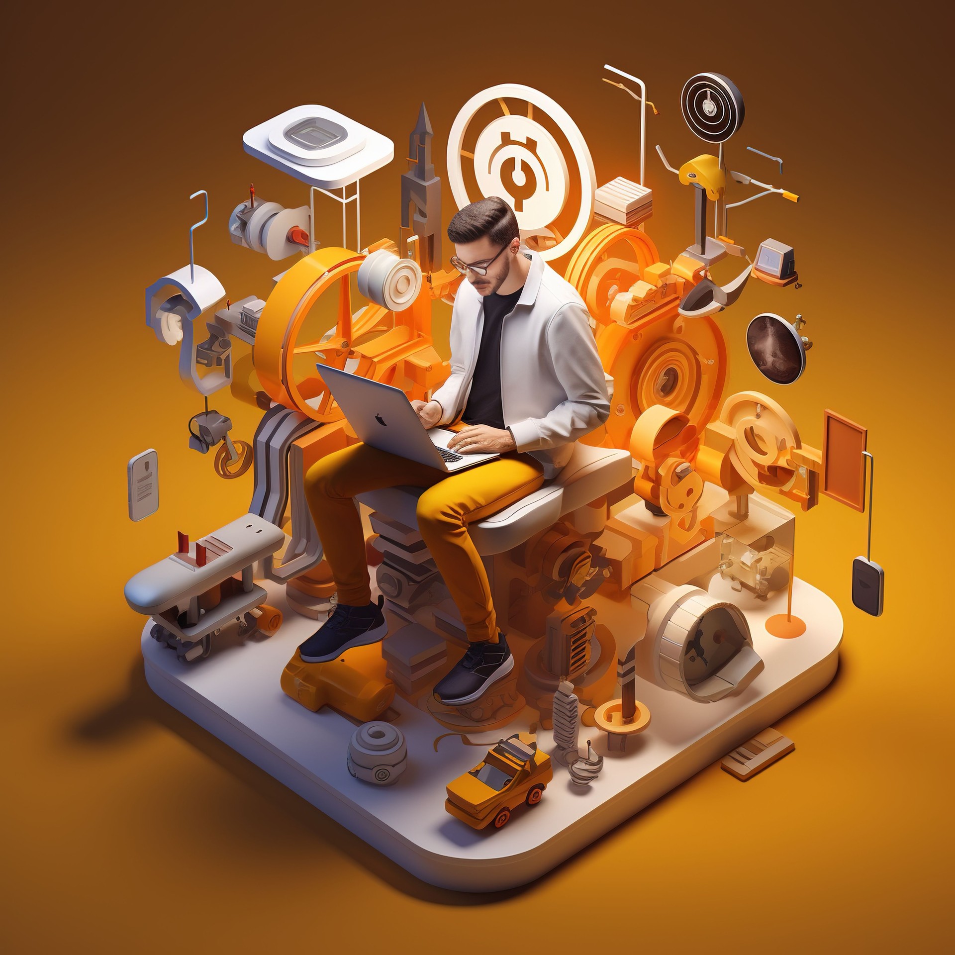3d illustration of man working with tech, modern concept character isolated on tech background